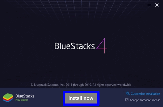 Select Install now to get BlueStacks for PC