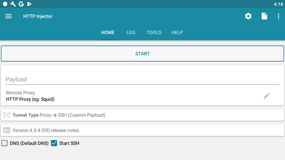 Click Start in the HTTP Injector app