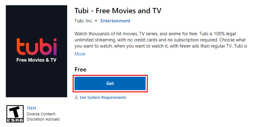 Select Get to download Tubi TV for PC